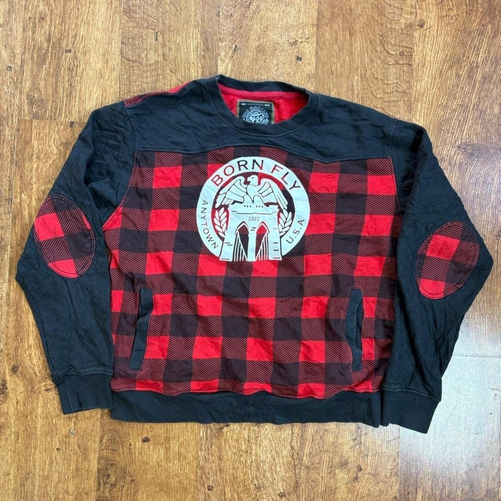 Born Fly Mens XL Red Black Plaid Crewneck Sweatshirt Elbow Patches Lumberjack